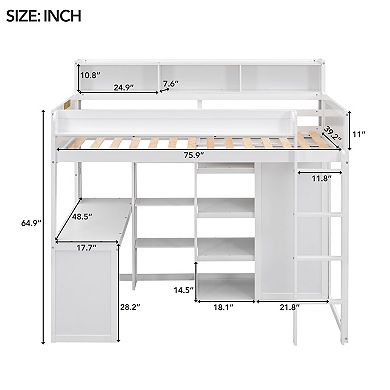 Trikiousd Twin Size Loft Bed Wooden Bedframe w/ Multiple Storage Shelves & Wardrobe, Built-in Desk