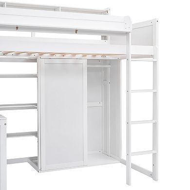 Trikiousd Twin Size Loft Bed Wooden Bedframe w/ Multiple Storage Shelves & Wardrobe, Built-in Desk