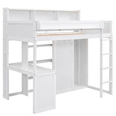 Trikiousd Twin Size Loft Bed Wooden Bedframe w/ Multiple Storage Shelves & Wardrobe, Built-in Desk