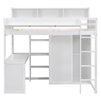 Trikiousd Twin Size Loft Bed Wooden Bedframe w/ Multiple Storage Shelves & Wardrobe, Built-in Desk