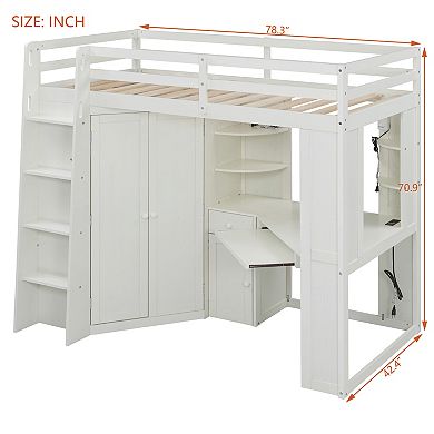 Trikiousd Twin Size Loft Bed w/ Wardrobe, Desk, Keyboard Tray, Charging Station & Dual Spotlights