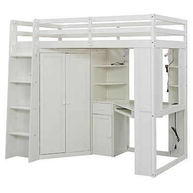 Trikiousd Twin Size Loft Bed w/ Wardrobe, Desk, Keyboard Tray, Charging Station & Dual Spotlights