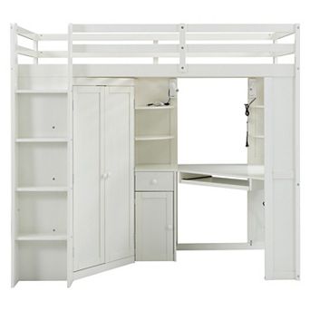 Trikiousd Twin Size Loft Bed w/ Wardrobe, Desk, Keyboard Tray, Charging Station & Dual Spotlights