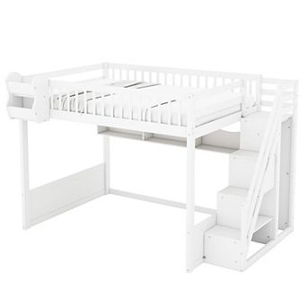 Trikiousd Queen Size Wood Loft Bed w/ Staircase & Wardrobe, Floor Bunk Bed Frame w/ Storage Shelves