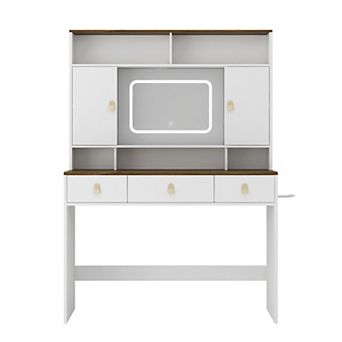 Trikiousd Vanity Desk With Mirror and Lights, Farmhouse Makeup Dressing Table with Power Outlet