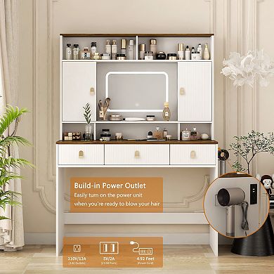 Trikiousd Vanity Desk With Mirror and Lights, Farmhouse Makeup Dressing Table with Power Outlet