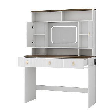 Trikiousd Vanity Desk With Mirror and Lights, Farmhouse Makeup Dressing Table with Power Outlet