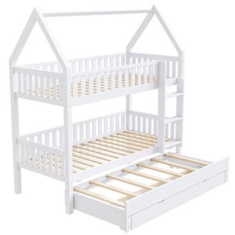 Trikiousd Twin over Twin Wood House Bunk Bed with Trundle & 3 Storage Drawers