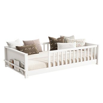 Trikiousd Twin Size Kids Montessori Floor Bed with Slats and Bookcase for Girls, Boys