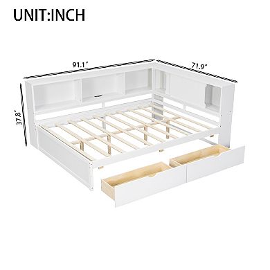 Trikiousd Queen Size L-Shape Wood Daybed LED Platform Bed Frame w/ USB, 2 Drawers & Storage Shelves