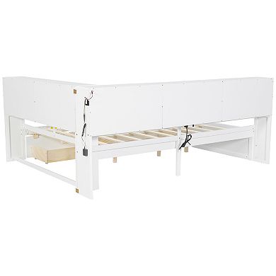 Trikiousd Queen Size L-Shape Wood Daybed LED Platform Bed Frame w/ USB, 2 Drawers & Storage Shelves