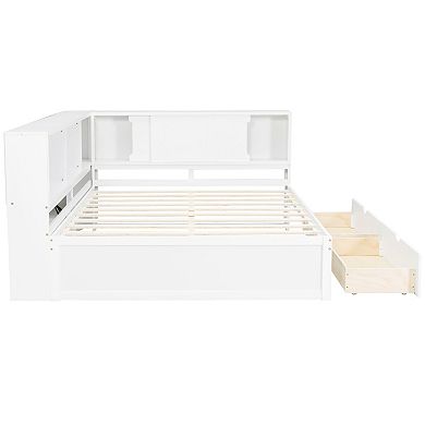 Trikiousd Queen Size L-Shape Wood Daybed LED Platform Bed Frame w/ USB, 2 Drawers & Storage Shelves