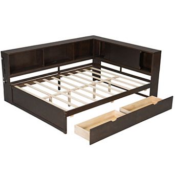 Trikiousd Queen Size L-Shape Wood Daybed LED Platform Bed Frame w/ USB, 2 Drawers & Storage Shelves