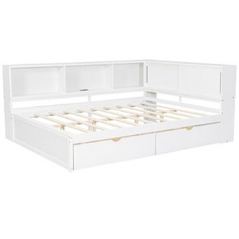 Trikiousd Queen Size L-Shape Wood Daybed LED Platform Bed Frame w/ USB, 2 Drawers & Storage Shelves