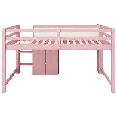 Trikiousd Modern Low Loft Bed Full Wood Storage Bed Frame with Desk, Open Bookcase & Whiteboard