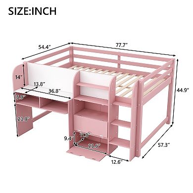 Trikiousd Modern Low Loft Bed Full Wood Storage Bed Frame with Desk, Open Bookcase & Whiteboard