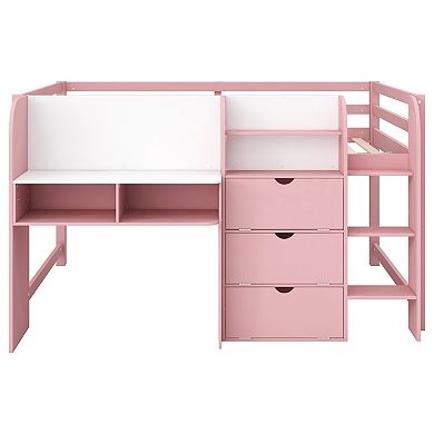 Trikiousd Modern Low Loft Bed Full Wood Storage Bed Frame with Desk, Open Bookcase & Whiteboard
