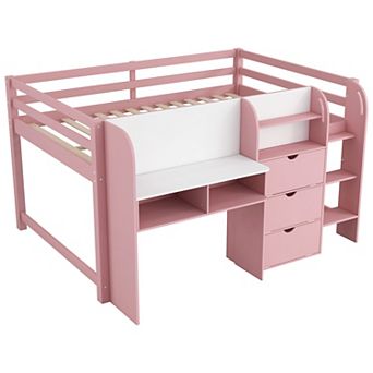 Trikiousd Modern Low Loft Bed Full Wood Storage Bed Frame with Desk, Open Bookcase & Whiteboard
