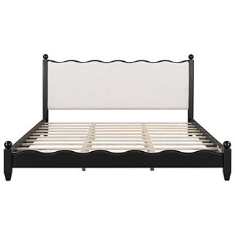 Trikiousd Platform Bed Low Profile Bed Solid Wood Bed Frame with Upholstered Fabric Headboard