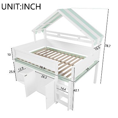 Trikiousd Wood House-Shaped Full Size Loft Bed with Canopy Roof & Storage Cabinet