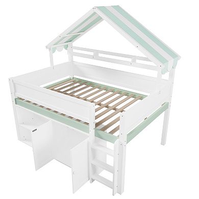 Trikiousd Wood House-Shaped Full Size Loft Bed with Canopy Roof & Storage Cabinet