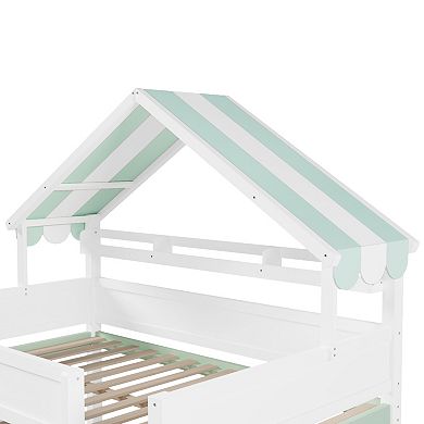 Trikiousd Wood House-Shaped Full Size Loft Bed with Canopy Roof & Storage Cabinet