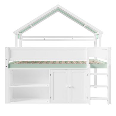Trikiousd Wood House-Shaped Full Size Loft Bed with Canopy Roof & Storage Cabinet