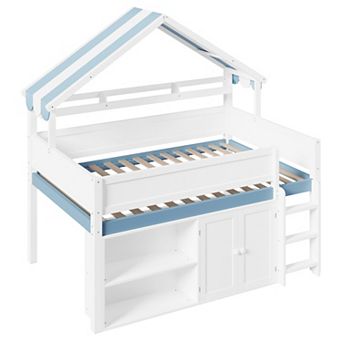 Trikiousd Wood House-Shaped Full Size Loft Bed with Canopy Roof & Storage Cabinet