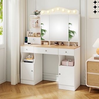 Trikiousd Vanity Desk wTri-fold Mirror Lights, Makeup Vanity with 2 USB Ports, Drawers and Cabinet