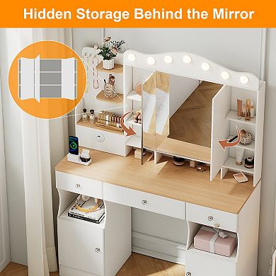 Trikiousd Vanity Desk wTri-fold Mirror Lights, Makeup Vanity with 2 USB Ports, Drawers and Cabinet