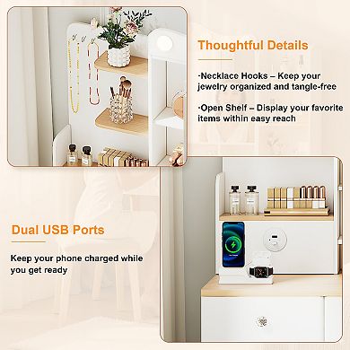 Trikiousd Vanity Desk wTri-fold Mirror Lights, Makeup Vanity with 2 USB Ports, Drawers and Cabinet