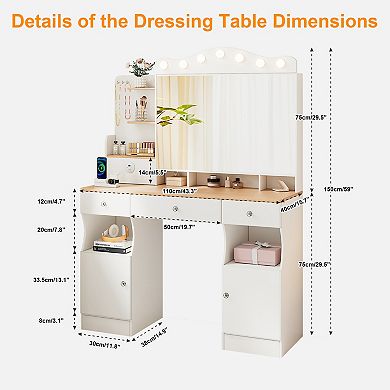 Trikiousd Vanity Desk wTri-fold Mirror Lights, Makeup Vanity with 2 USB Ports, Drawers and Cabinet