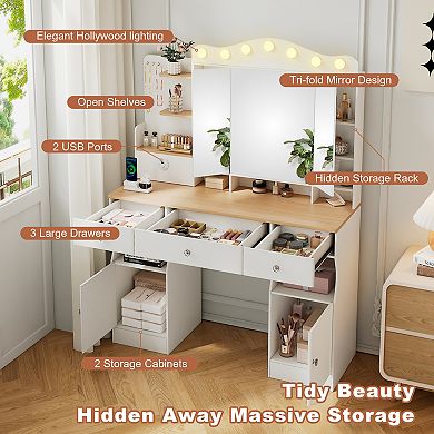 Trikiousd Vanity Desk wTri-fold Mirror Lights, Makeup Vanity with 2 USB Ports, Drawers and Cabinet