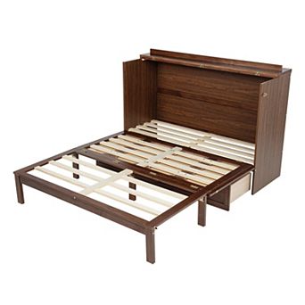 Trikiousd Queen Size Murphy Bed Folded Platform Bed w/ Power Station & Storage Drawer, Rattan Panel