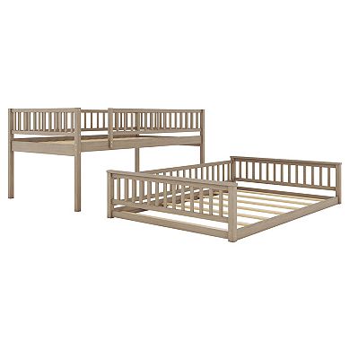 Trikiousd Solid Wood Full XL Over Queen Convertible Bunk Bed w/ Ladder & Guardrails