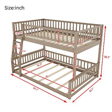 Trikiousd Solid Wood Full XL Over Queen Convertible Bunk Bed w/ Ladder & Guardrails