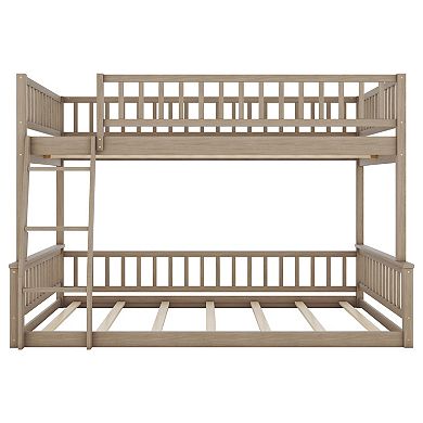 Trikiousd Solid Wood Full XL Over Queen Convertible Bunk Bed w/ Ladder & Guardrails
