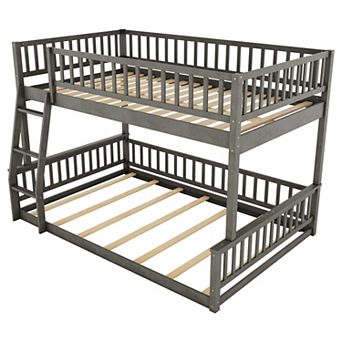 Trikiousd Solid Wood Full XL Over Queen Convertible Bunk Bed w/ Ladder & Guardrails