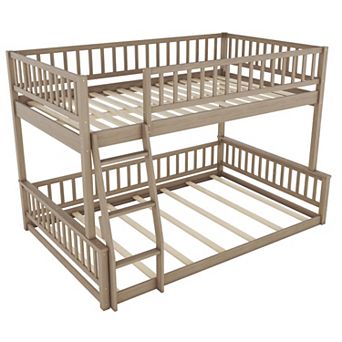 Trikiousd Solid Wood Full XL Over Queen Convertible Bunk Bed w/ Ladder & Guardrails