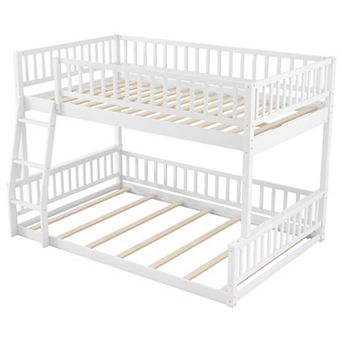 Trikiousd Solid Wood Full XL Over Queen Convertible Bunk Bed w/ Ladder & Guardrails