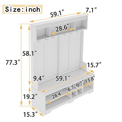Trikiousd Wood Hall Tree Entryway Organizer with Bench, Shoe Rack & Metal Hooks