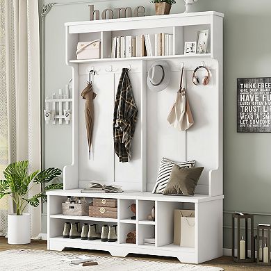 Trikiousd Wood Hall Tree Entryway Organizer with Bench, Shoe Rack & Metal Hooks