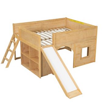 Trikiousd Wooden Full Size Kids Low Loft Bed w/ Built-in Slide, Open Bookshelves
