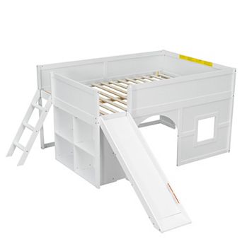Trikiousd Wooden Full Size Kids Low Loft Bed w/ Built-in Slide, Open Bookshelves