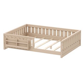 Trikiousd Montessori Floor Bed Wood Kids Platform Bed Frame Built-in Bookshelves for Girls, Boys