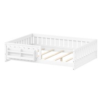 Trikiousd Montessori Floor Bed Wood Kids Platform Bed Frame Built-in Bookshelves for Girls, Boys