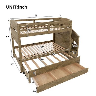 Trikiousd Twin XL Bunk Bed Pine Wood Frame with Trundle, Storage Drawers & Wardrobe