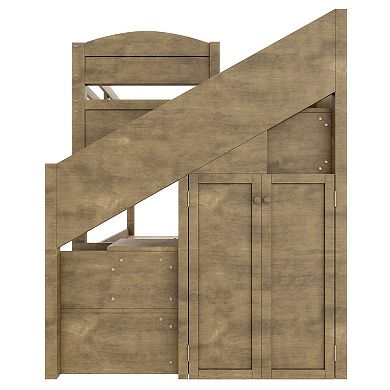 Trikiousd Twin XL Bunk Bed Pine Wood Frame with Trundle, Storage Drawers & Wardrobe