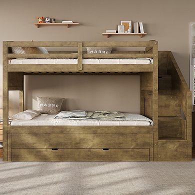 Trikiousd Twin XL Bunk Bed Pine Wood Frame with Trundle, Storage Drawers & Wardrobe