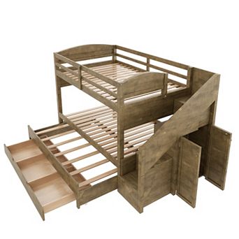 Trikiousd Twin XL Bunk Bed Pine Wood Frame with Trundle, Storage Drawers & Wardrobe